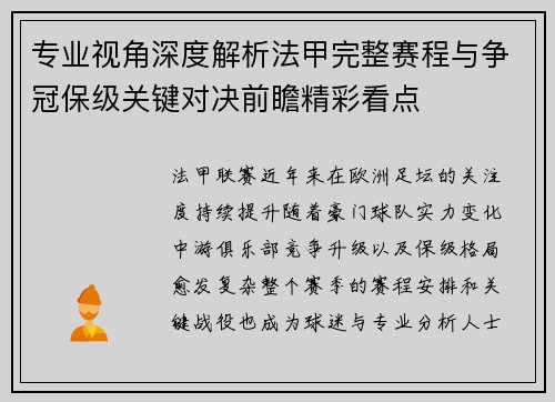 专业视角深度解析法甲完整赛程与争冠保级关键对决前瞻精彩看点