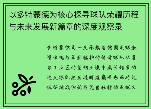 以多特蒙德为核心探寻球队荣耀历程与未来发展新篇章的深度观察录